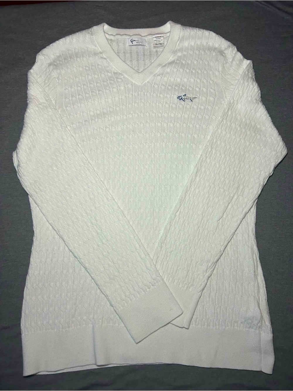 Greg Norman Collection White V-Neck Cable Knit Sweater with Blue Logo